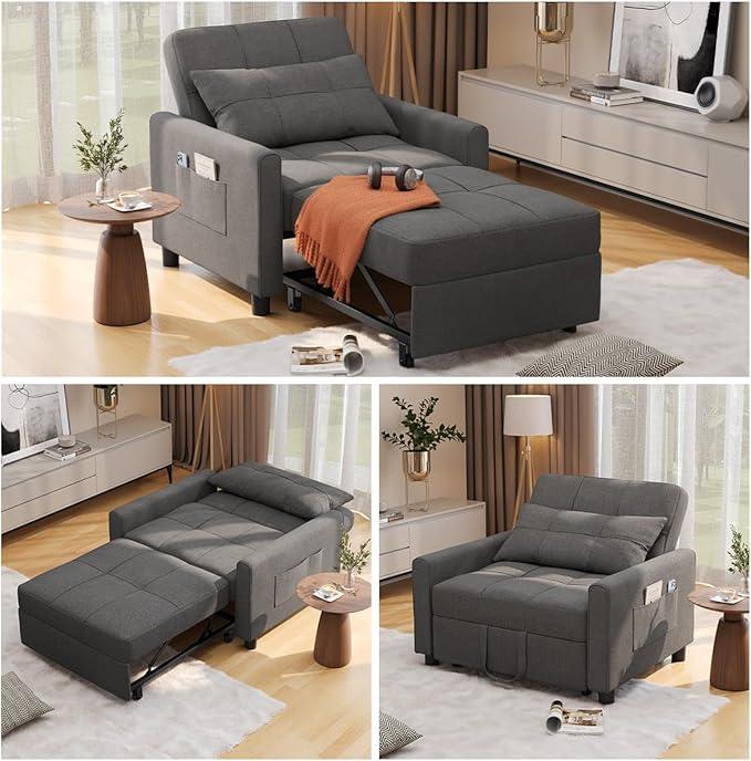 GIZOON Sillón cama convertible 3 en 1, gris oscuro | Sillón, sillón reclinable y cama en uno. Tela de lino con estructura resistente, ideal para apartamentos y espacios pequeños.