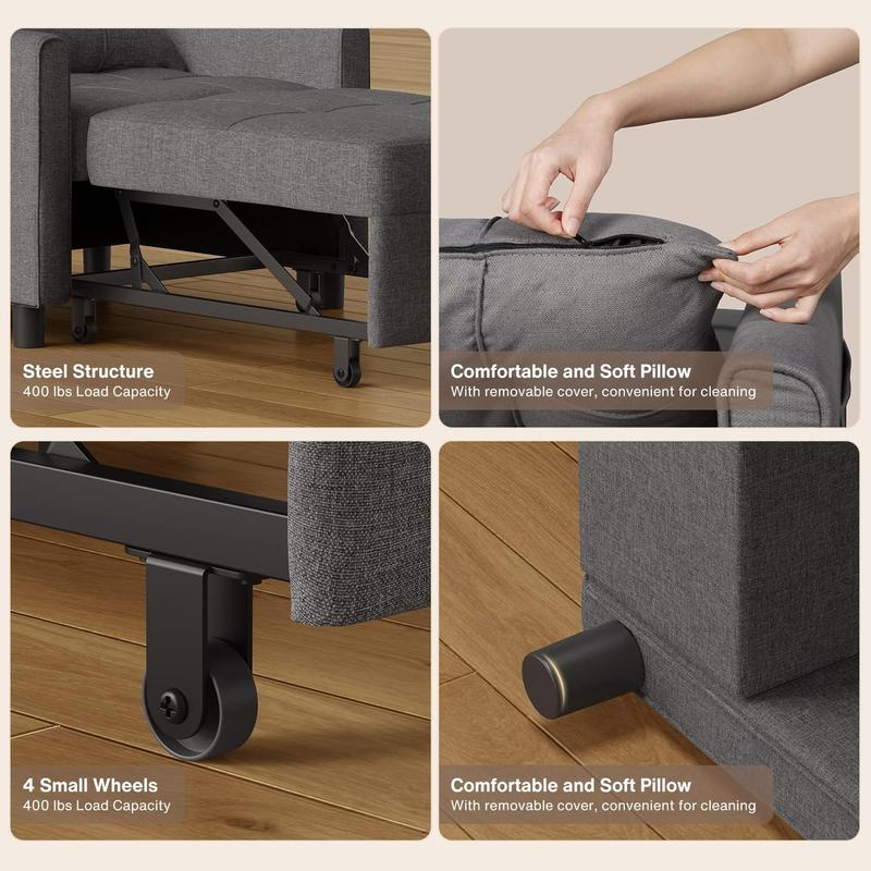 GIZOON Sillón cama convertible 3 en 1, gris oscuro | Sillón, sillón reclinable y cama en uno. Tela de lino con estructura resistente, ideal para apartamentos y espacios pequeños.