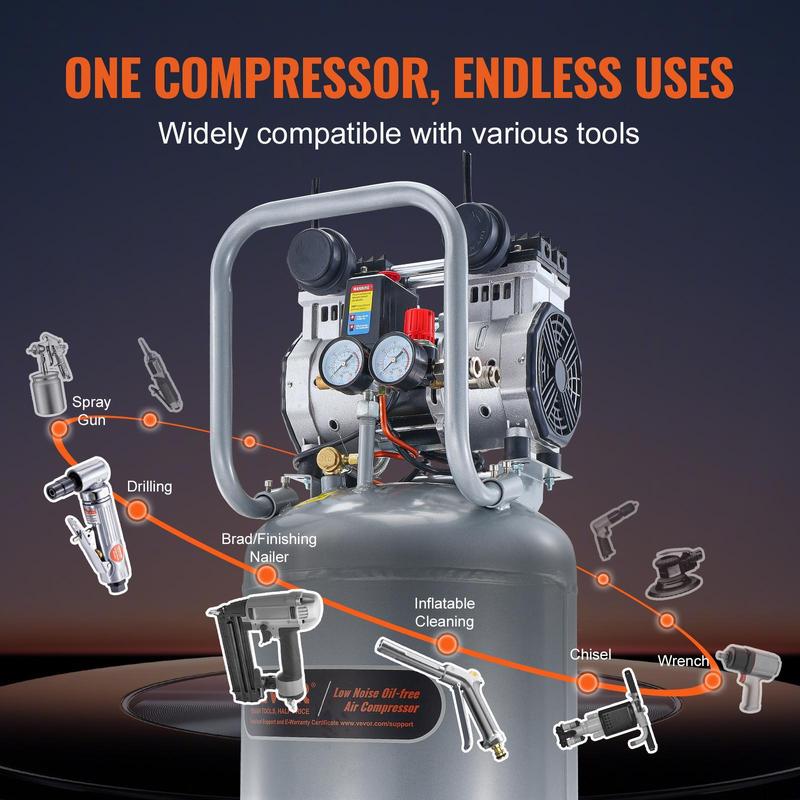 Compresor de aire VEVOR de 13 galones, 2 HP, 4.6 SCFM a 90 PSI, tanque de compresor de aire sin aceite, compresor ultra silencioso de 66 dB para inflado de neumáticos, reparación de automóviles, clavado de madera, pintura en aerosol (presión máxima de 125