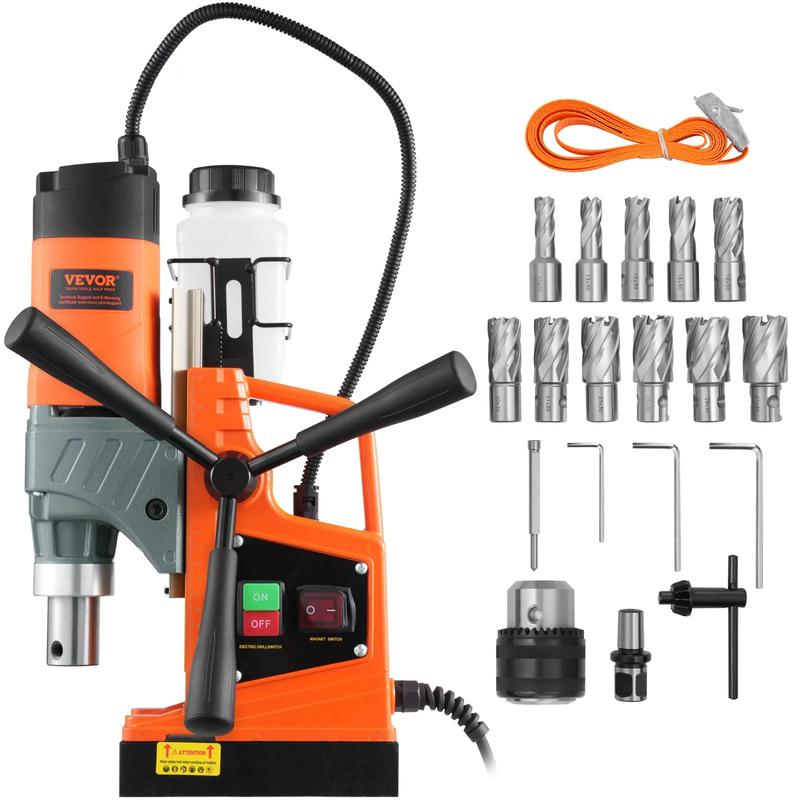 Juego de herramientas de taladro magnético industrial VEVOR, motor de cobre de 1450 W, diámetro de perforación de 1,57", fuerza magnética de 12500 N, taladro magnético eléctrico portátil de 850 RPM con sistema de refrigeración y escala milimétrica para me