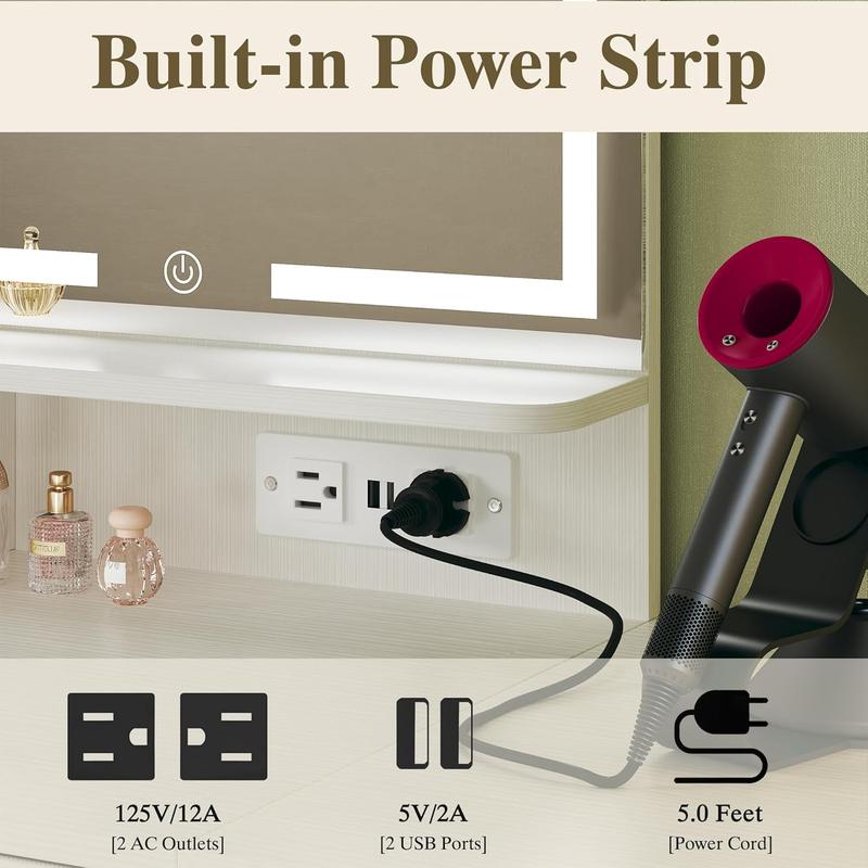Tocador de maquillaje con espejo y luces, tocador pequeño con cajón de almacenamiento de tela, silla y estantes, tocador blanco con panel plegable y toma de corriente para dormitorio.