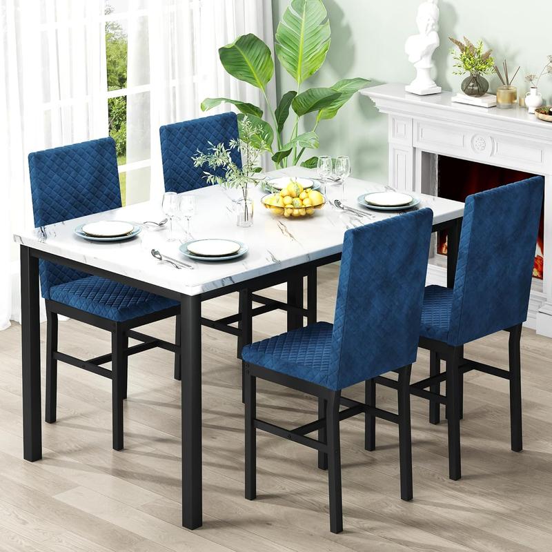 Juego de 4 mesas de comedor de imitación mármol - Mesa de 120 x 70 cm, 4 sillas ergonómicas modernas tapizadas en terciopelo de 91 cm de altura, muebles de comedor para interiores (Summer Vibes) Outdoorfun