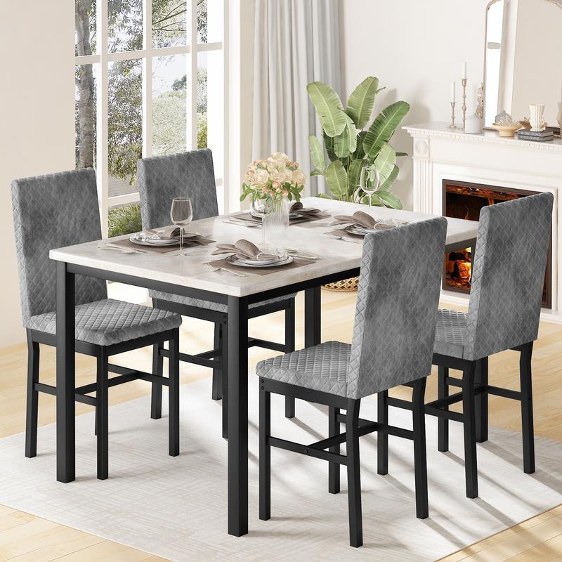 Juego de 4 mesas de comedor de imitación mármol - Mesa de 120 x 70 cm, 4 sillas ergonómicas modernas tapizadas en terciopelo de 91 cm de altura, muebles de comedor para interiores (Summer Vibes) Outdoorfun
