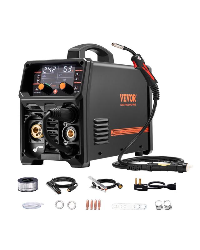 Soldadora MIG VEVOR Pro de 250 amperios, máquina de soldadura MIG Plus, máquina de soldadura sinérgica 5 en 1, MIG a gas/MIG con núcleo fundente/electrodo revestido/TIG por contacto/TIG AU, soldadora MIG de aluminio de doble voltaje 110 V/220 V con pantal