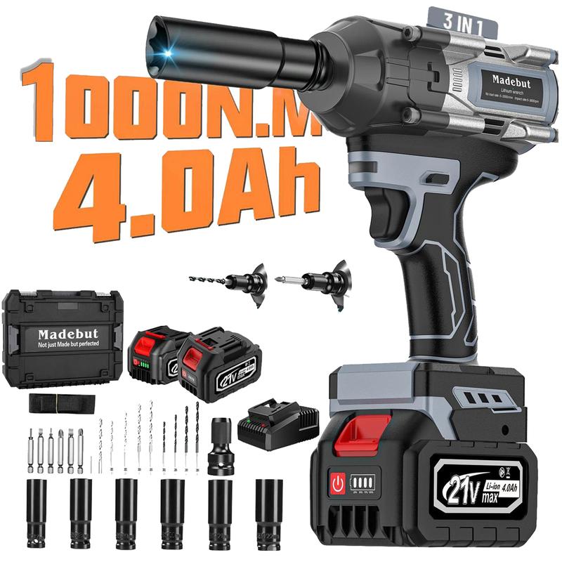 Llave de impacto inalámbrica de 1000 N·m, pistola de impacto inalámbrica totalmente metálica con 2 baterías de 4,0 mAh, llave de impacto eléctrica 3 en 1 con 5 manguitos.