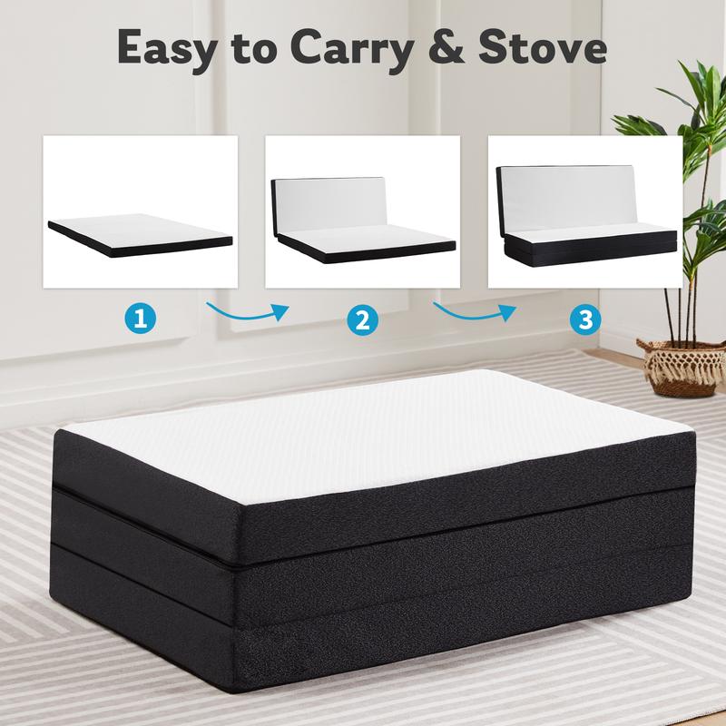 Colchón plegable, cubrecolchón de espuma viscoelástica plegable en tres secciones para camping, cubrecolchón plegable con funda lavable, varios tamaños, blanco.