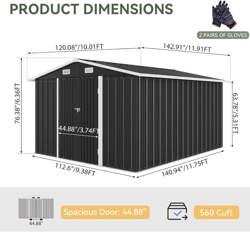 Caseta de jardín metálica Aoxun (3x2.4 m/1.8 x 1.2 m/3x3.7 m/1.8 x 2.4 m) - Recinto de almacenamiento exterior con cerradura, puertas dobles abatibles y techo inclinado para patio, jardín, caseta de jardín, almacenamiento exterior.