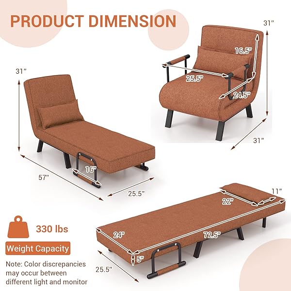 Silla convertible, 4 en 1, silla de lectura para sala de estar con almohada, brazo y respaldo ajustable de 5 posiciones, sofá cama individual, color café Marrón