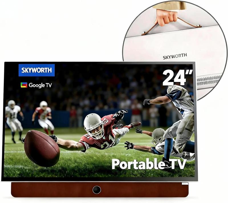 Marco para Smart TV portátil Skyworth de 24 pulgadas - 1080p FHD Google TV, pantalla mate, HDR10, Dolby Audio, LED, Bluetooth, Chromecast, batería de alto rendimiento, decodificador con control por voz.