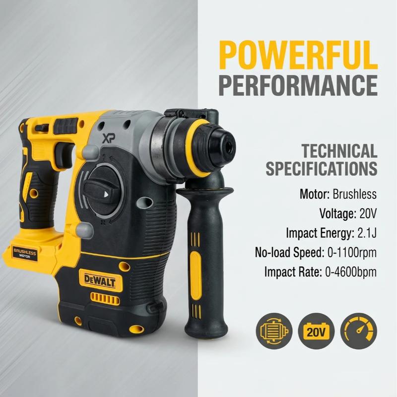 Martillo perforador rotativo inalámbrico sin escobillas DEWALT DCH273 de 20 V con energía de impacto de 2,1 J y batería de 6,0 Ah para perforar hormigón, ladrillo y piedra. Martillo perforador rotativo compacto con mango auxiliar de 360 ​​grados y rendimi