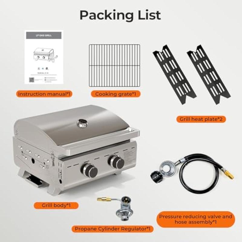 Parrilla de gas de mesa de 16,000 BTU, parrilla de propano portátil de 2 quemadores con patas plegables, área de cocción extragrande de 251 pulgadas cuadradas, parrilla de barbacoa de acero inoxidable de 20 pulgadas para patio trasero, RV, camping, fiesta