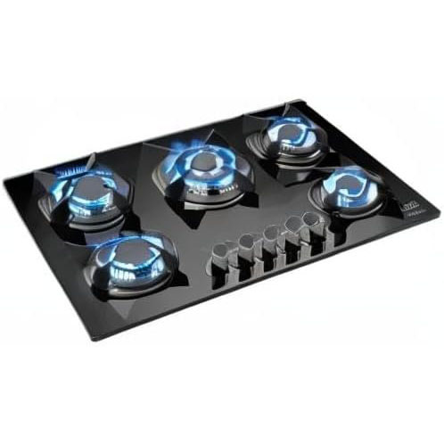 AVERA Parrilla de Gas 5 Quemadores, Vidrio Templado Negro 77cm (Incluye accesorios para Instalarla) Empotrable, Encendido Electronico, Perillas Metalicas, Estufa Empotrable, para Gas LP y Natural, VT5