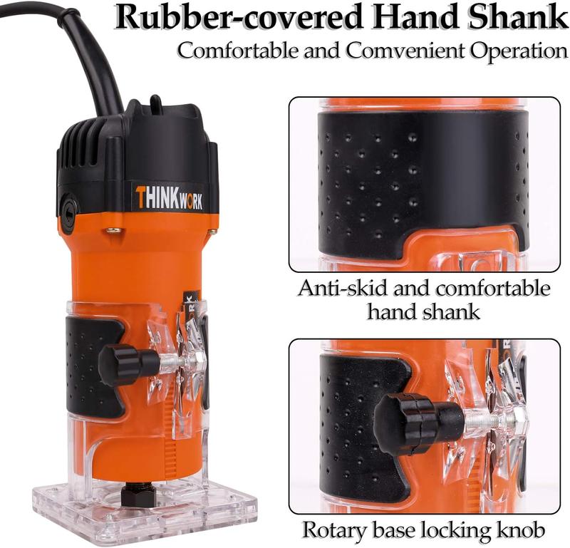 Fresadora compacta THINKWORK de 6,5 amperios y 1,25 CV con juego de 15 fresas para carpintería, herramienta portátil de alta resistencia para proyectos de bricolaje y del hogar.