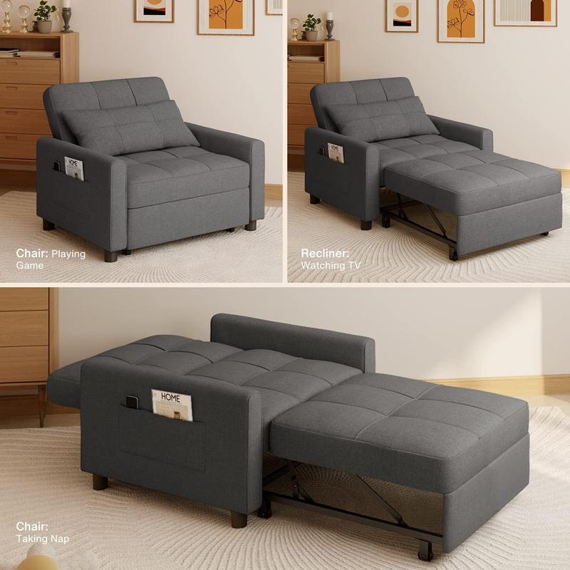 GIZOON Sillón cama convertible 3 en 1, gris oscuro | Sillón, sillón reclinable y cama en uno. Tela de lino con estructura resistente, ideal para apartamentos y espacios pequeños.