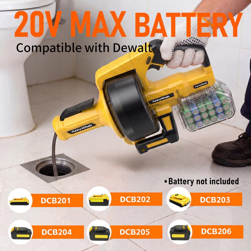 Desatascador inalámbrico FunnyWhale compatible con batería Dewalt de 20 V (batería no incluida). Serpiente desatascadora de alimentación automática con cable de 7 metros. Herramienta para desatascar desagües de fregaderos, inodoros, bañeras y alcantarilla