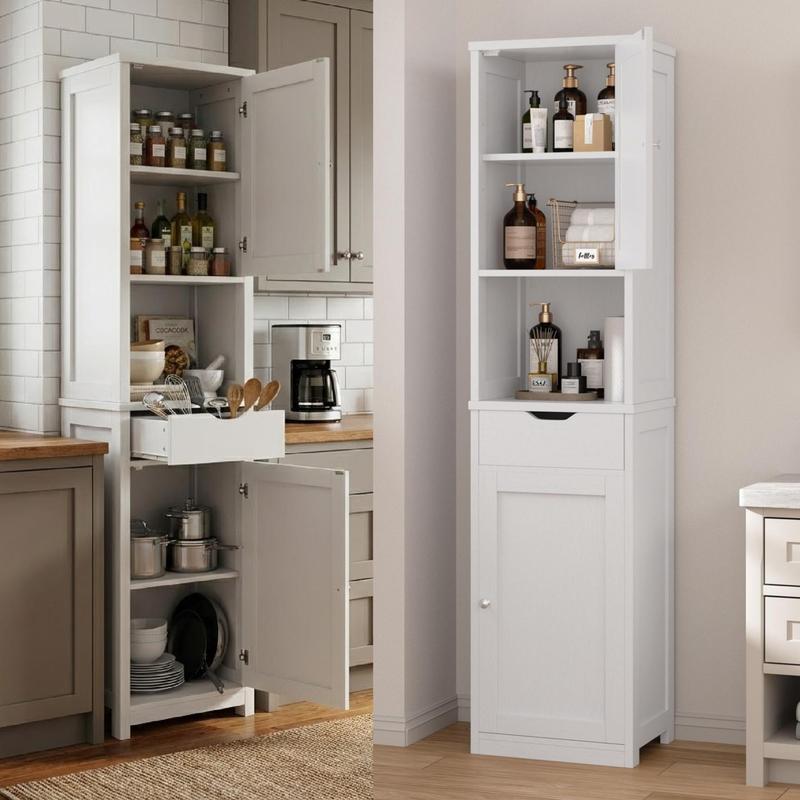Armario alto para baño, mueble esquinero lateral para cocina con estantes ajustables, ideal para toallas, champús y artículos de limpieza. Muebles que ahorran espacio. Armario alto y estrecho para montaje en suelo. Despensa versátil estilo granja. Color b