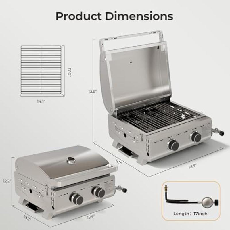 Parrilla de gas de mesa de 16,000 BTU, parrilla de propano portátil de 2 quemadores con patas plegables, área de cocción extragrande de 251 pulgadas cuadradas, parrilla de barbacoa de acero inoxidable de 20 pulgadas para patio trasero, RV, camping, fiesta
