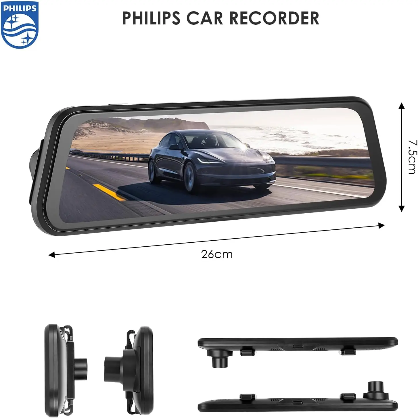 PHILIPS Cámara de Espejo Retrovisor, Cámara de Salpicadero Delantera y Trasera 1080P para Coche, 9.66" DashCam Espejo Pantalla Táctil con Función Visión Nocturna HD,Imagen Reversa,Free 32GB Card