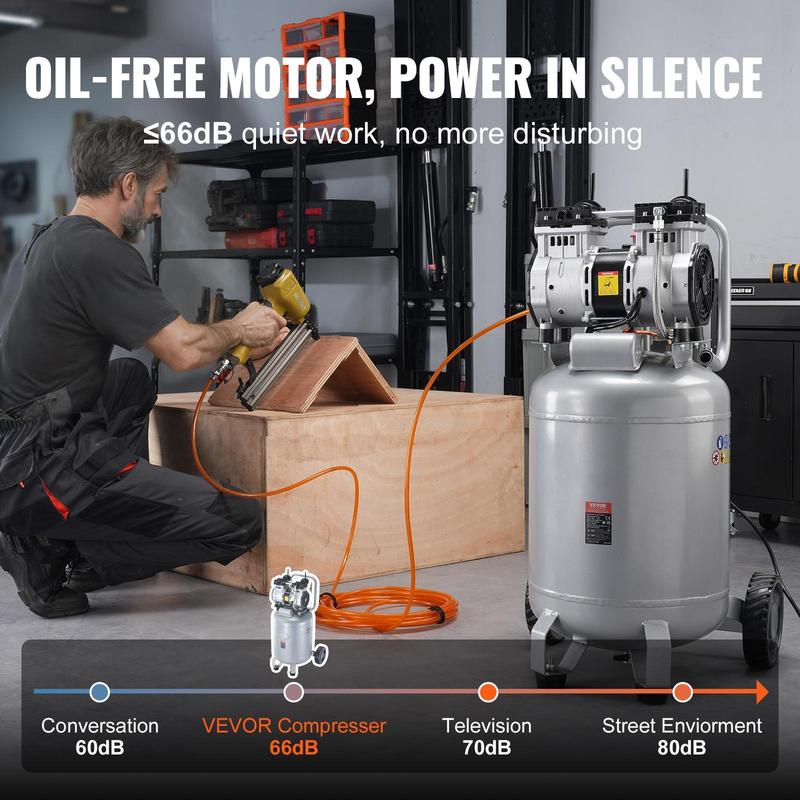 Compresor de aire VEVOR de 13 galones, 2 HP, 4.6 SCFM a 90 PSI, tanque de compresor de aire sin aceite, compresor ultra silencioso de 66 dB para inflado de neumáticos, reparación de automóviles, clavado de madera, pintura en aerosol (presión máxima de 125