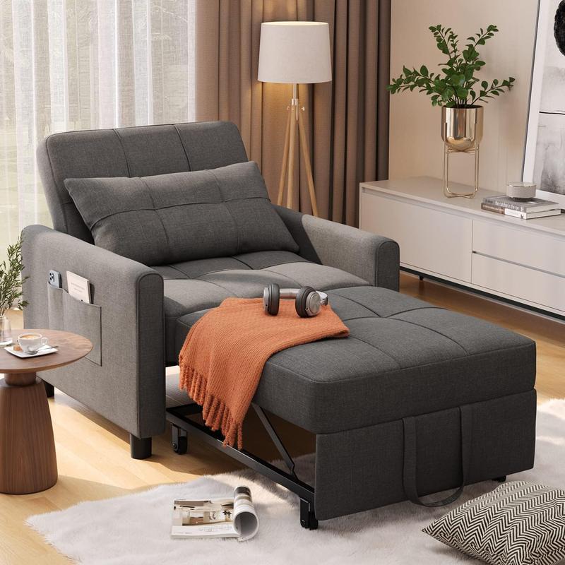 GIZOON Sillón cama convertible 3 en 1, gris oscuro | Sillón, sillón reclinable y cama en uno. Tela de lino con estructura resistente, ideal para apartamentos y espacios pequeños.