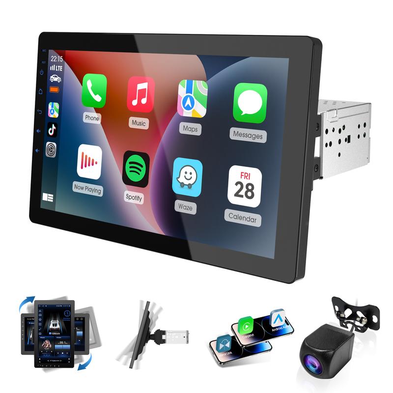 Autoestéreo de 10.1" Single Din con pantalla giratoria CarPlay 1080P, cámara trasera inalámbrica, CarPlay, Android Auto, pantalla táctil, Mirror Link, Bluetooth, reproducción de música, AUX, FM y USB.