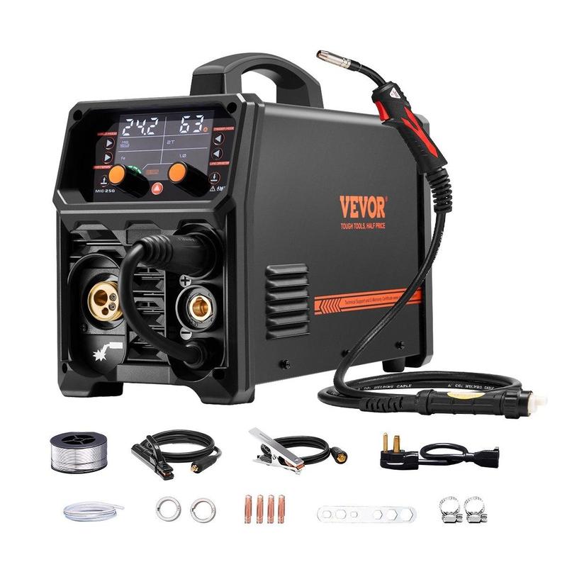 Soldadora MIG VEVOR Pro de 250 amperios, máquina de soldadura MIG Plus, máquina de soldadura sinérgica 5 en 1, MIG a gas/MIG con núcleo fundente/electrodo revestido/TIG por contacto/TIG AU, soldadora MIG de aluminio de doble voltaje 110 V/220 V con pantal
