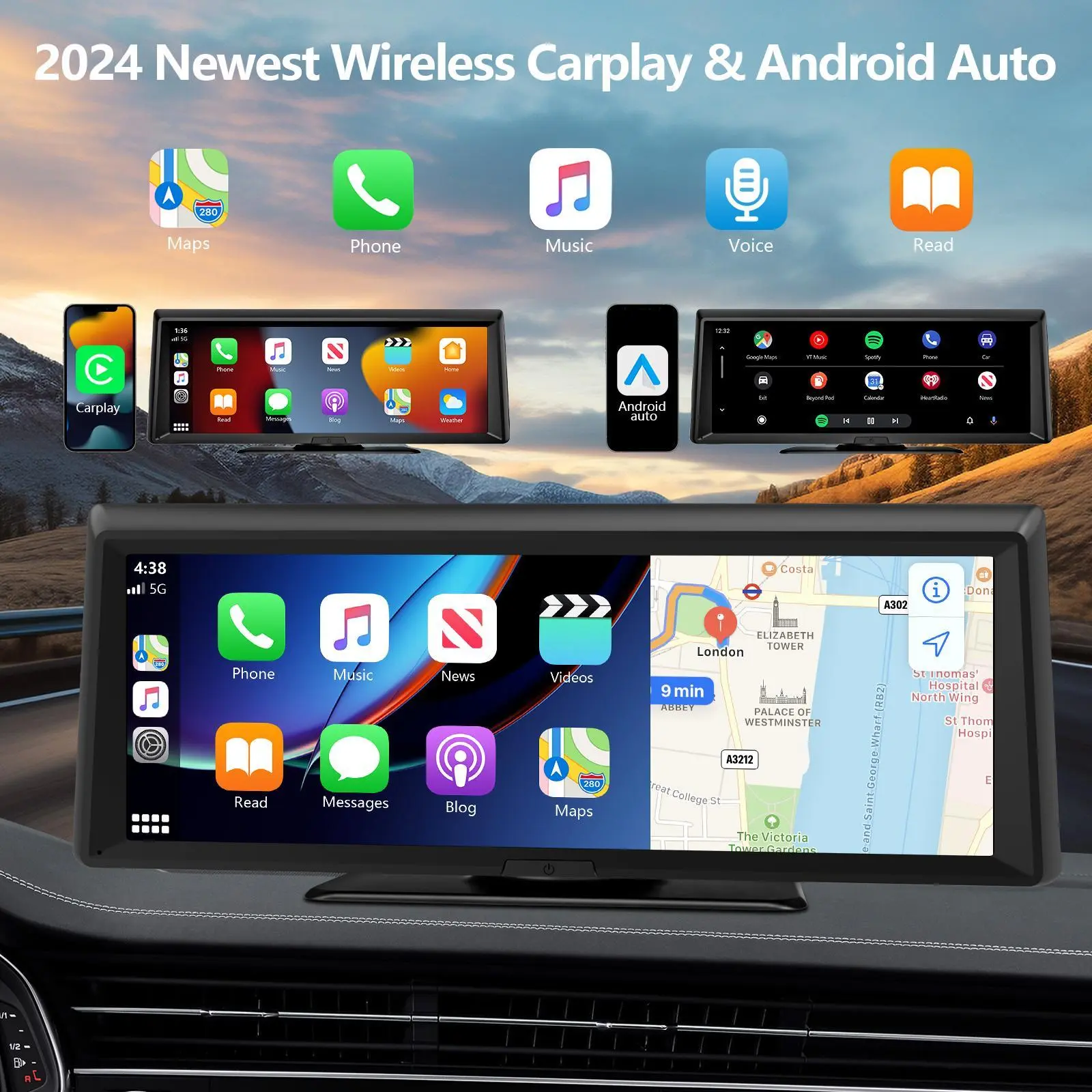【HiEHA】2026 Carplay InaláMbrico y Android Auto, Pantalla TáCtil de 8,14" 2k Frontal + 1080p Trasera Dash Cam, Gps y Bluetooth, Control por Voz, Unidad Principal Carplay para Facilitar la Conducción