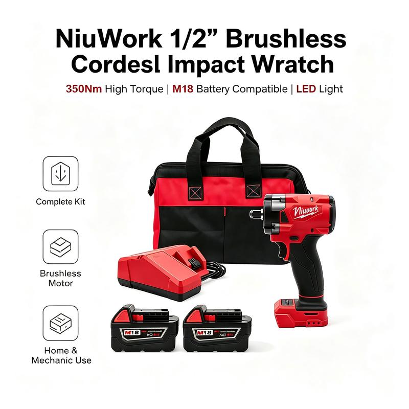 Llave de impacto sin escobillas NiuWork de 1/2" y 350 N de bajo torque, compatible con baterías M18. Perfecta para uso doméstico, herramienta mejorada para quitar tornillos y taladrar.