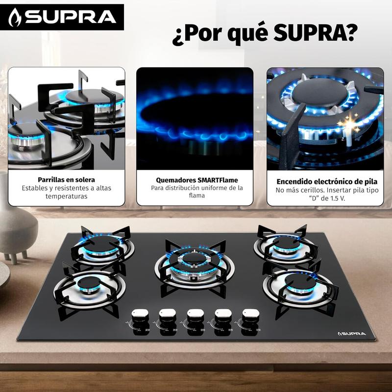 SUPRA Parrilla a Gas Empotrable de 5 Quemadores - 76 cm, Cubierta de Cristal Templado Negro y Válvula de Seguridad Avanzada Mod. BRIONI