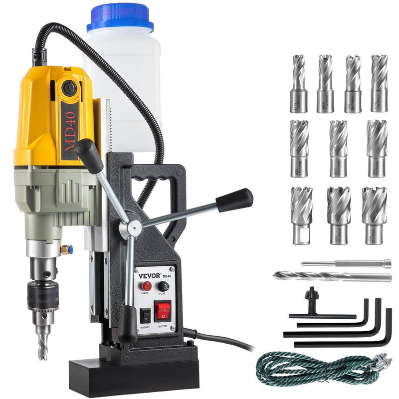 Juego de herramientas de taladro magnético industrial VEVOR, motor de cobre de 1450 W, diámetro de perforación de 1,57", fuerza magnética de 12500 N, taladro magnético eléctrico portátil de 850 RPM con sistema de refrigeración y escala milimétrica para me