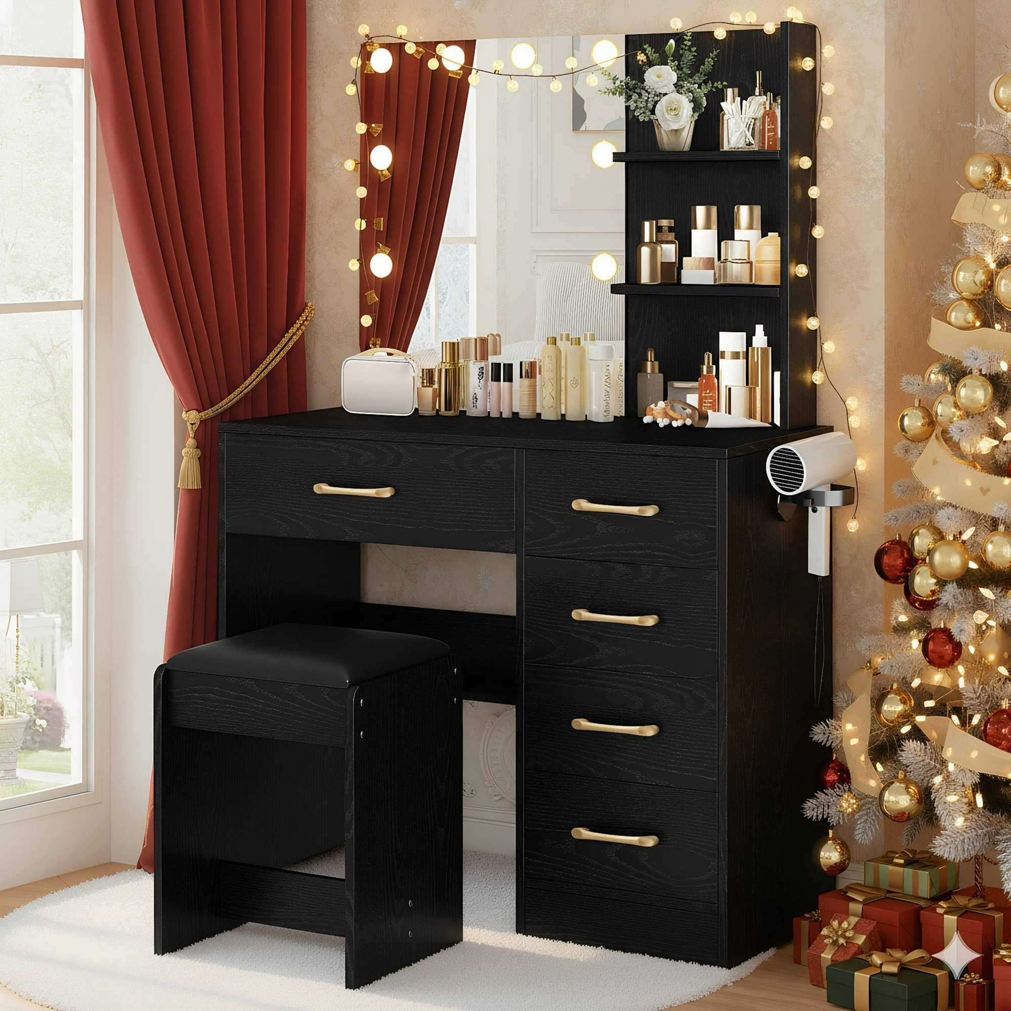 Tocador con luces y espejo, mesa de maquillaje con cajón y toma de corriente