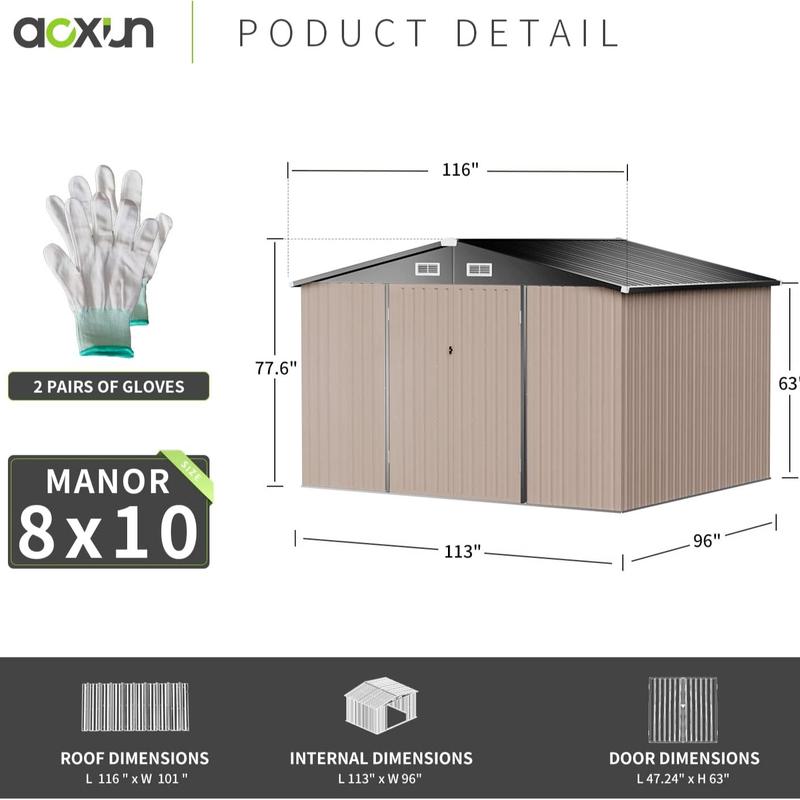 Caseta de jardín metálica Aoxun (3x2.4 m/1.8 x 1.2 m/3x3.7 m/1.8 x 2.4 m) - Recinto de almacenamiento exterior con cerradura, puertas dobles abatibles y techo inclinado para patio, jardín, caseta de jardín, almacenamiento exterior.