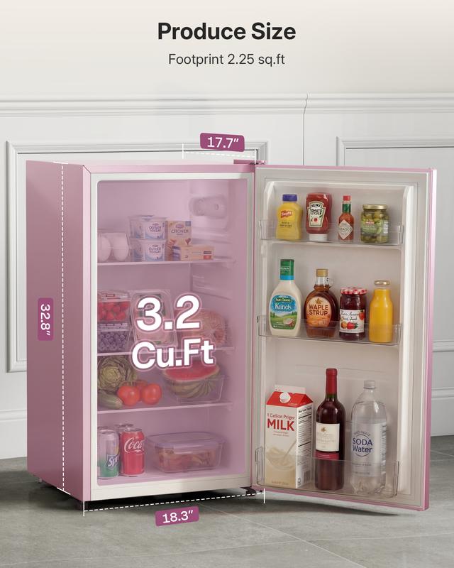Mini refrigerador compacto Upstreman de 3.2 pies cúbicos, certificado Energy Star, color rosa rubor, de acero inoxidable. Ahorro de energía, refrigerante R-600a, 60 Hz, termostato, puerta reversible, 3 estantes de vidrio, base con almohadilla. Ideal para
