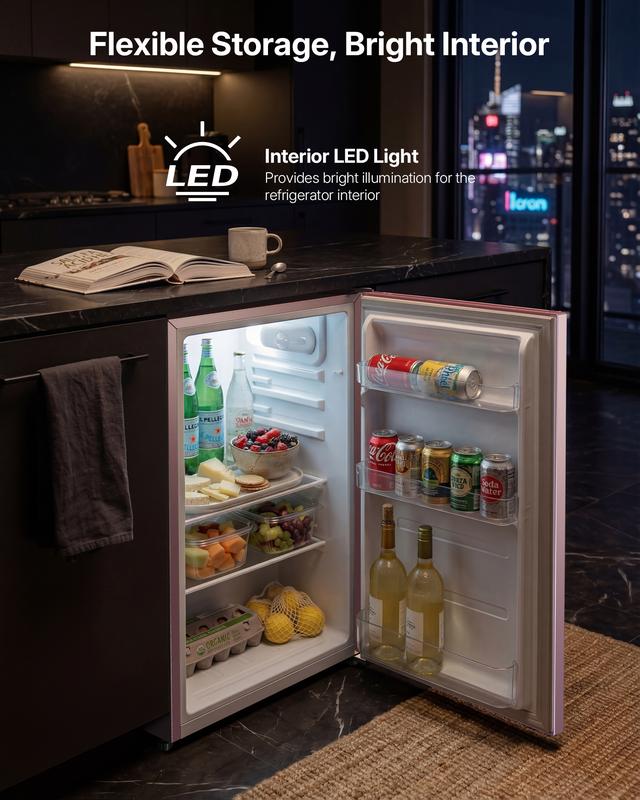 Mini refrigerador compacto Upstreman de 3.2 pies cúbicos, certificado Energy Star, color rosa rubor, de acero inoxidable. Ahorro de energía, refrigerante R-600a, 60 Hz, termostato, puerta reversible, 3 estantes de vidrio, base con almohadilla. Ideal para