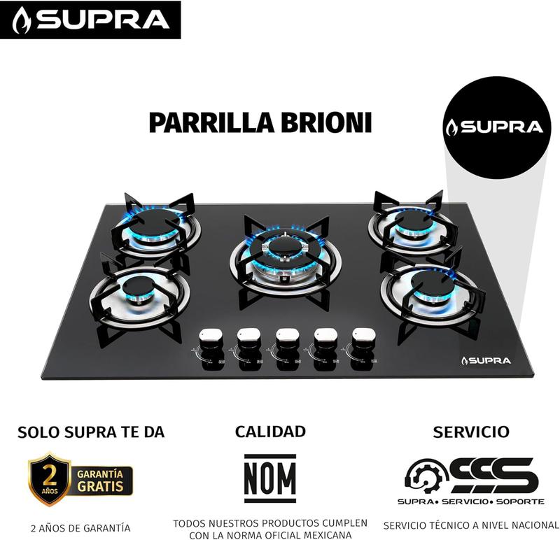 SUPRA Parrilla a Gas Empotrable de 5 Quemadores - 76 cm, Cubierta de Cristal Templado Negro y Válvula de Seguridad Avanzada Mod. BRIONI