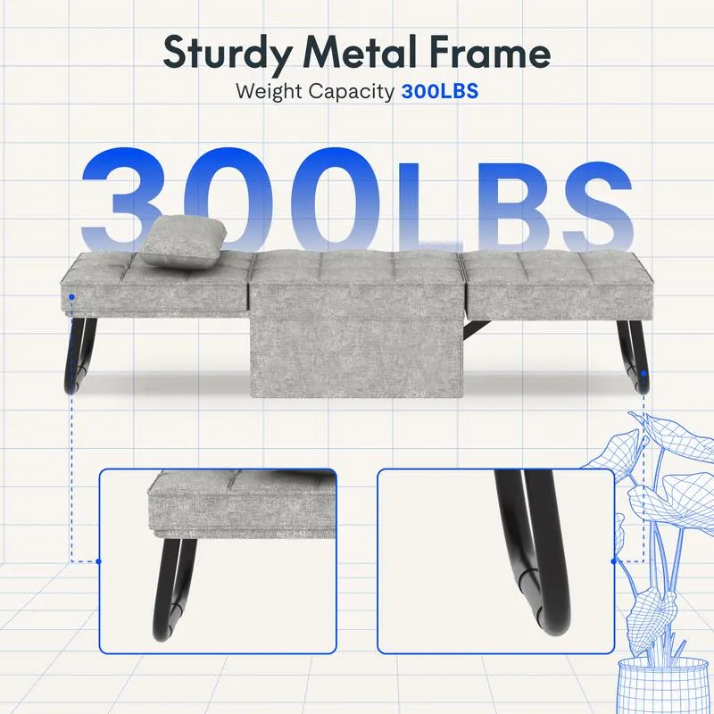 Sofá cama convertible con respaldo ajustable en 5 niveles, otomana tapizada multifuncional, sofá tapizado ajustable, muebles para sala de estar (gris, compatible con camas).