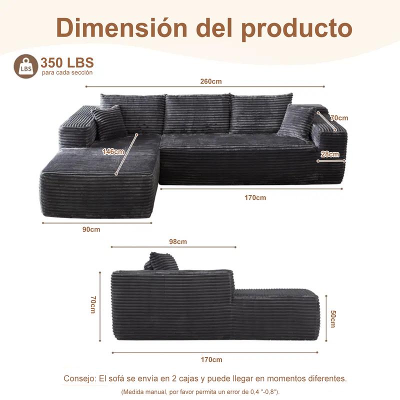 【Dos Paquetes】Soifas 260cm Sofá Modular Sin Brazos de Terciopelo Nube de Felpa con Chaise Longue, Sin Montaje Requerido - Juego de Sofá Esquinero en L con Configuración Flexible 04