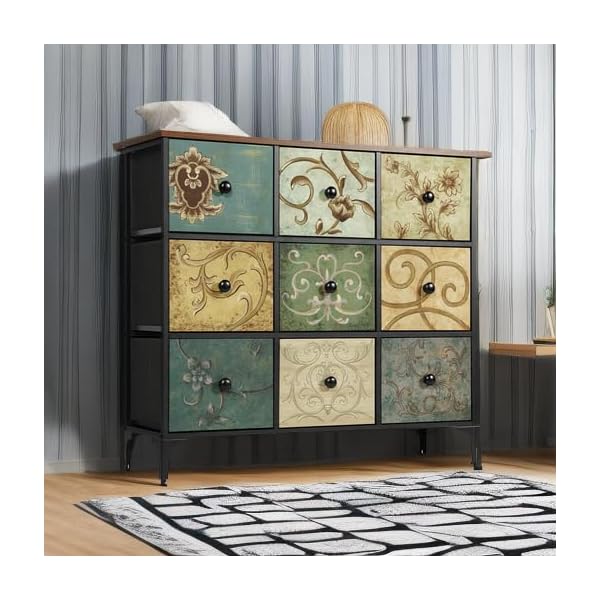 Cómoda con 9 cajones, cómoda de almacenamiento alta para recámara, cómoda moderna para clóset, sala de estar, pasillo, parte superior de madera, cajón de tela