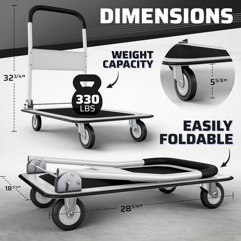 Carro de transporte plegable de alta resistencia, plataforma plana con capacidad de 150-300 kg y asa giratoria que ahorra espacio.