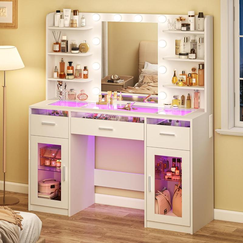 Tocador de maquillaje con espejo y luces de 3 colores, superficie transparente con 3 cajones RGB, 6 estantes, 2 armarios grandes de vidrio templado, toma de corriente, para dormitorio, blanco.