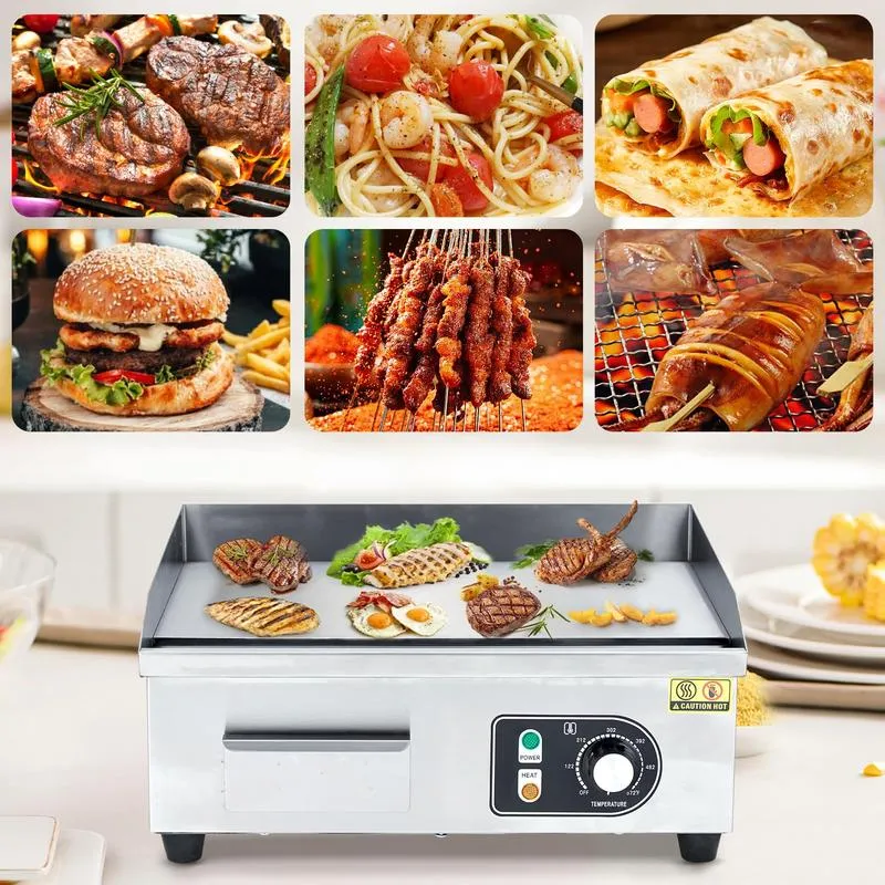 Parrillas eléctricas comerciales en tamaños de 14, 18, 22 y 30 pulgadas con potencia de 1500 W a 3000 W, superficie antiadherente de acero inoxidable y control de temperatura ajustable de 122 °F a 572 °F para uso doméstico y en restaurantes.