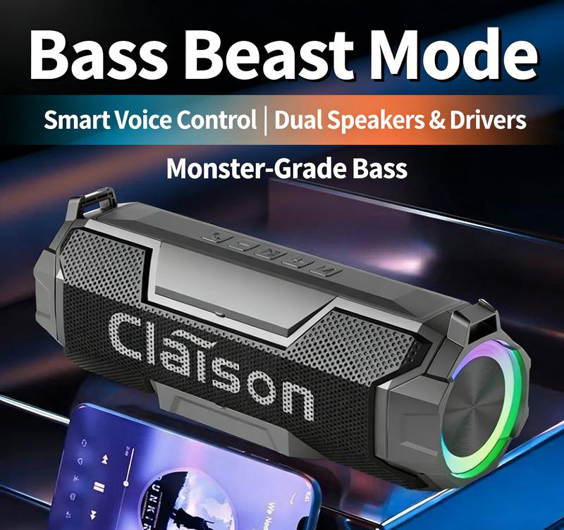 Altavoz multifuncional para exteriores Claison, con certificación de impermeabilidad IPX6, batería recargable de 3600 mAh, iluminación RGB, Bluetooth 5.3 y red protectora desmontable. Ideal para acampar y jugar videojuegos; compatible con Android y con fu