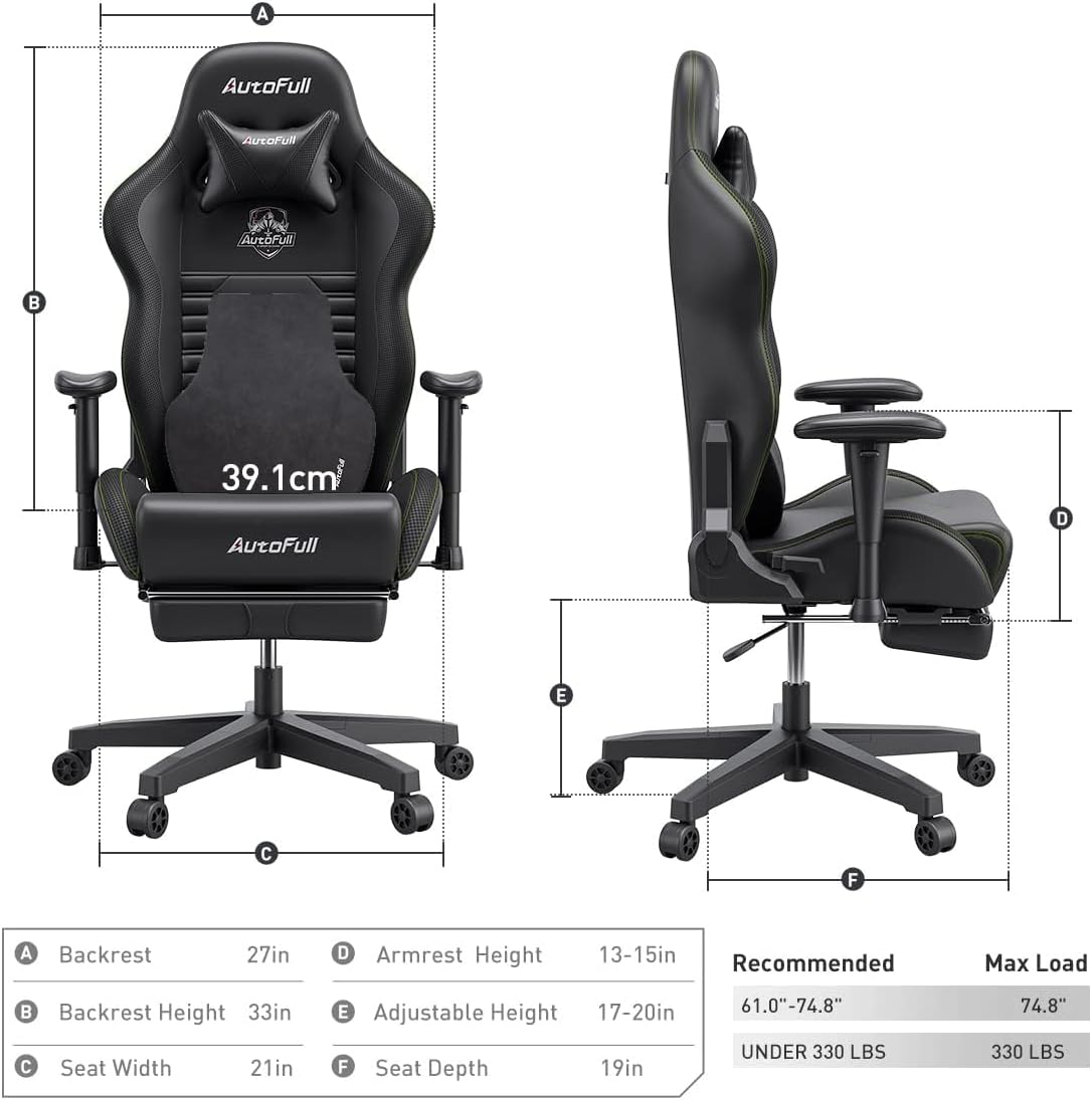 AutoFull Silla Gaming Silla Gamer Ergonómica Silla de Oficina Cuero de PU Silla de Escritorio,Altura e inclinación Ajustables,Reposacabezas y Soporte Lumbar,Reposapiés, (Gris)