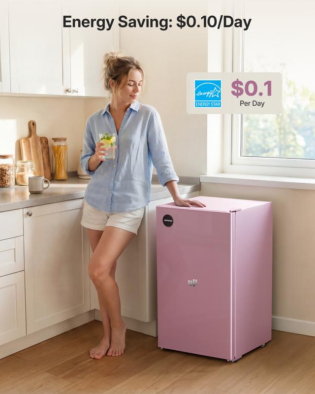 Mini refrigerador compacto Upstreman de 3.2 pies cúbicos, certificado Energy Star, color rosa rubor, de acero inoxidable. Ahorro de energía, refrigerante R-600a, 60 Hz, termostato, puerta reversible, 3 estantes de vidrio, base con almohadilla. Ideal para