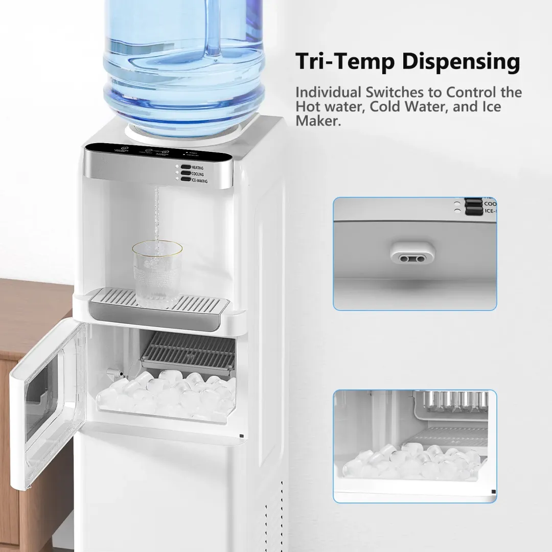 Dispensador de agua con función de fabricación de hielo, enfriador de agua fría y caliente de carga superior para botellas de 5 galones — Incluye seguro de seguridad para niños.