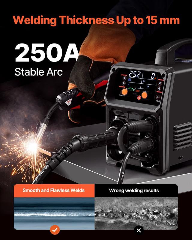 Soldadora MIG VEVOR Pro de 250 amperios, máquina de soldadura MIG Plus, máquina de soldadura sinérgica 5 en 1, MIG a gas/MIG con núcleo fundente/electrodo revestido/TIG por contacto/TIG AU, soldadora MIG de aluminio de doble voltaje 110 V/220 V con pantal