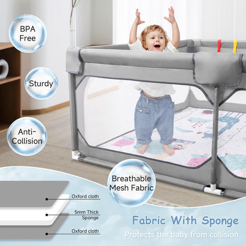 Parque infantil extragrande Benazcap con alfombra, libre de BPA, diseño seguro sin huecos para diversión en interiores y exteriores, regalo para futuras mamás, parque infantil gris con valla resistente.