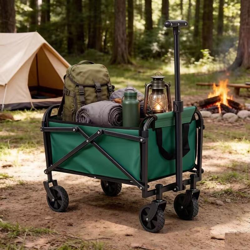 Carretilla plegable multifuncional de gran capacidad, ruedas todoterreno, estructura metálica, armazón de tela y plástico, ideal para jardinería, camping, playa, deportes y compras.