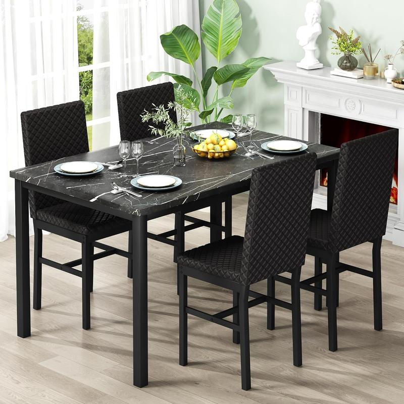 Juego de 4 mesas de comedor de imitación mármol - Mesa de 120 x 70 cm, 4 sillas ergonómicas modernas tapizadas en terciopelo de 91 cm de altura, muebles de comedor para interiores (Summer Vibes) Outdoorfun