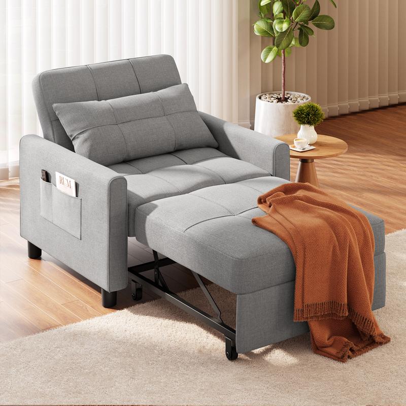 GIZOON Sillón cama convertible 3 en 1, gris oscuro | Sillón, sillón reclinable y cama en uno. Tela de lino con estructura resistente, ideal para apartamentos y espacios pequeños.